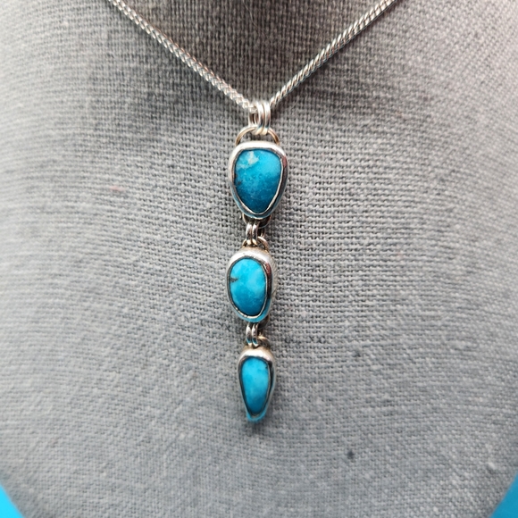 925 Sterling Silver Jewelry - Triple Turquoise Stone Sterling Silver Necklace